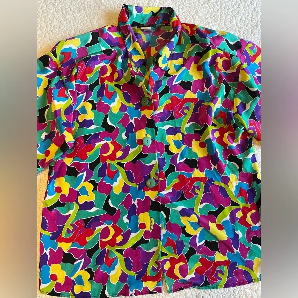 Vintage 80s Notations vibrant multi-color short sleeve button-down blouse, sz 12